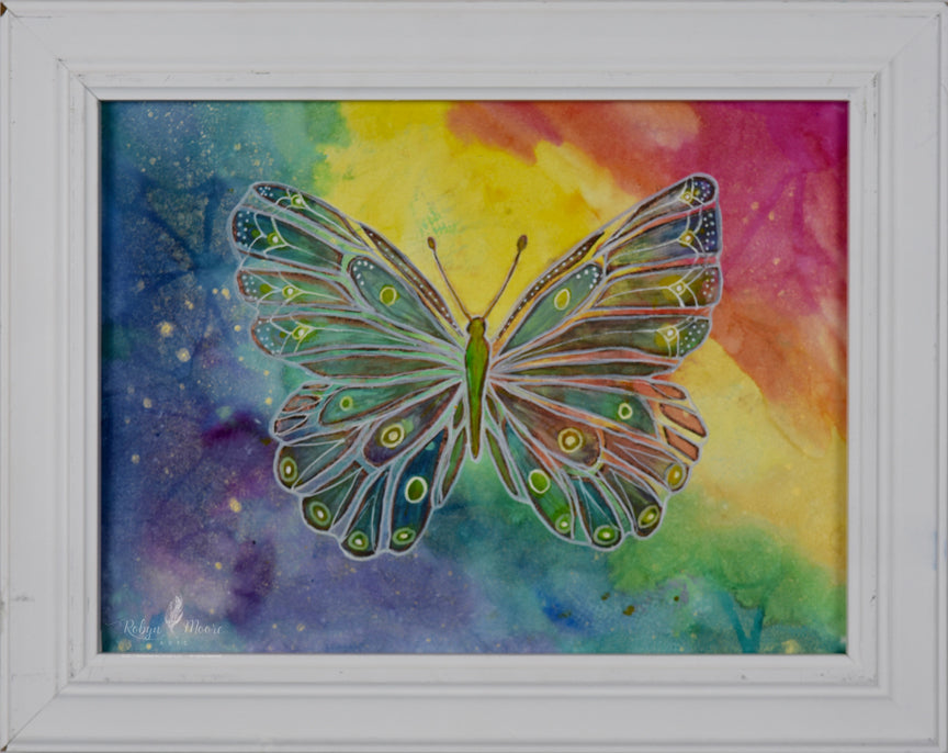 hand painted butterfly rainbow watercolor ink background