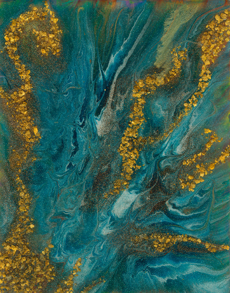 abstract fluid acrylic painting with texture and vibrant blue teal and copper colors