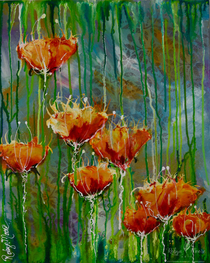 flowers layered watercolor background with floral imprint rain looking drips
