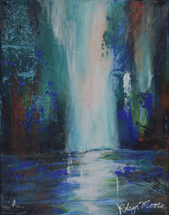 waterfall palette knife acrylic painting in soothing colors