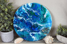 Abstract Resin Lazy Susan blue teal green white with shells and fire glass