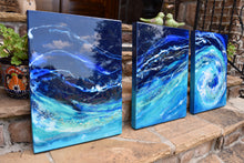 triptych of blue and teal ocean wave