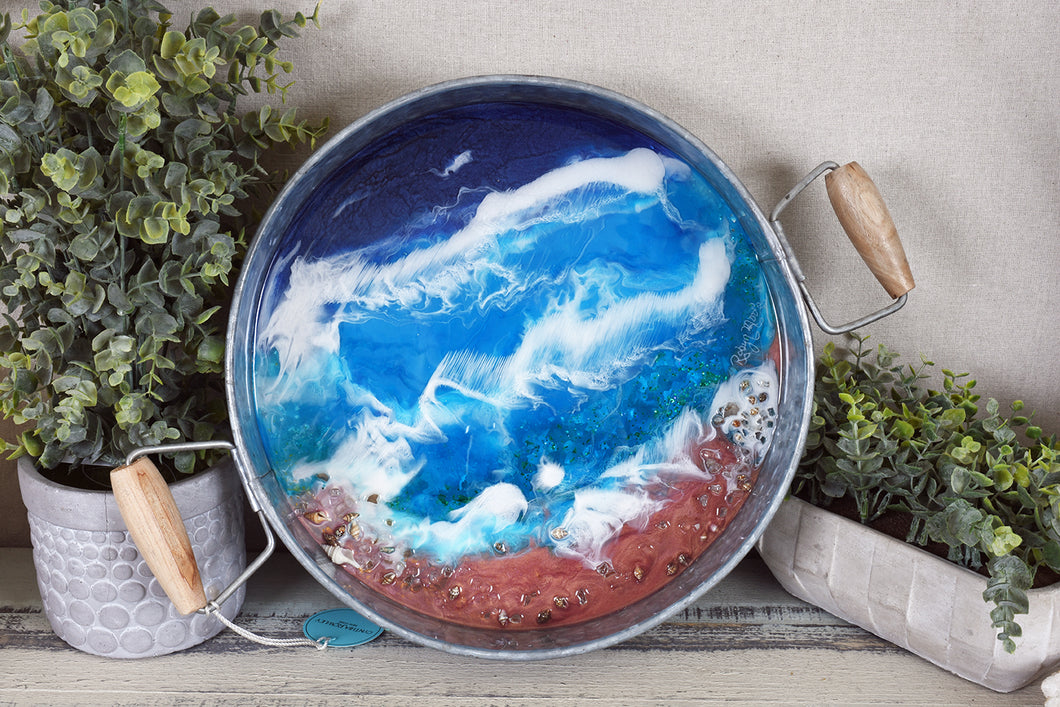 round metal blue ocean tray