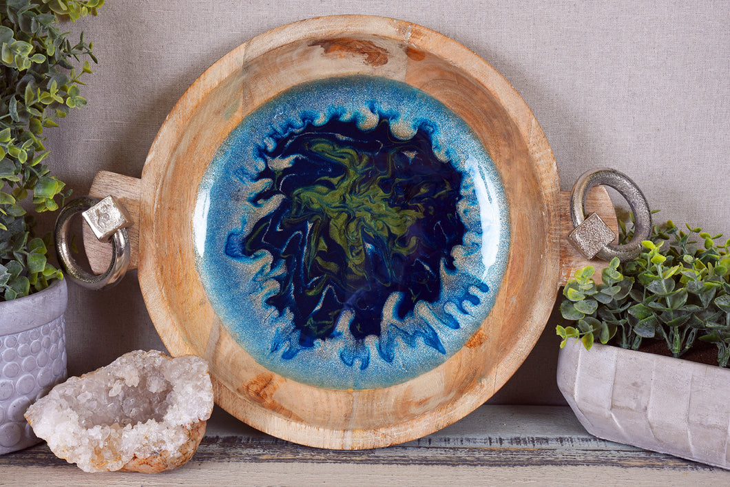 wood serving bowl with blue green glitter pigment