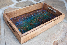 wood serving tray with copper green blue and fire glass