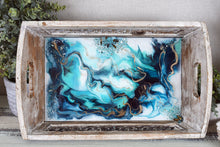 wood serving tray with blue teal white and gold with stones