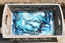 wood serving tray with blue teal white and gold with stones