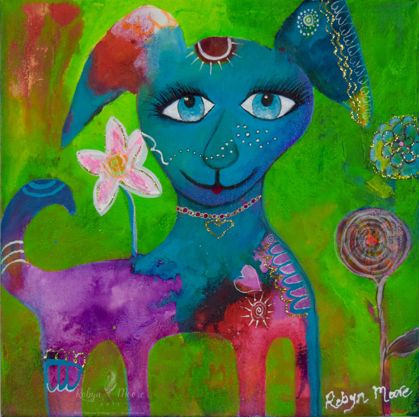 big eyed colorful puppy dog on vibrant background with flowers