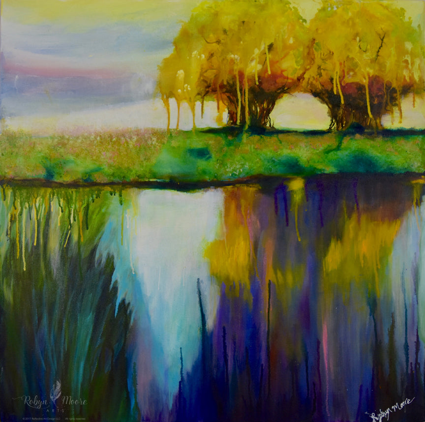 acrylic and ink painting of autumn trees and reflection on the shore of lake with sky