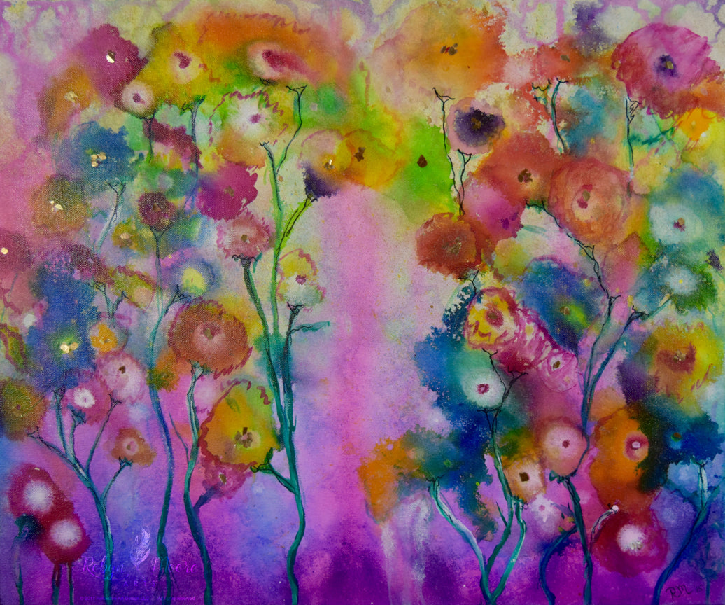 vibrant water color ink painting of wildflowers in a rainbow of colors soft background