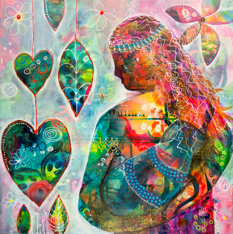 multi layered colorful painting of mom and baby with hearts and flowers