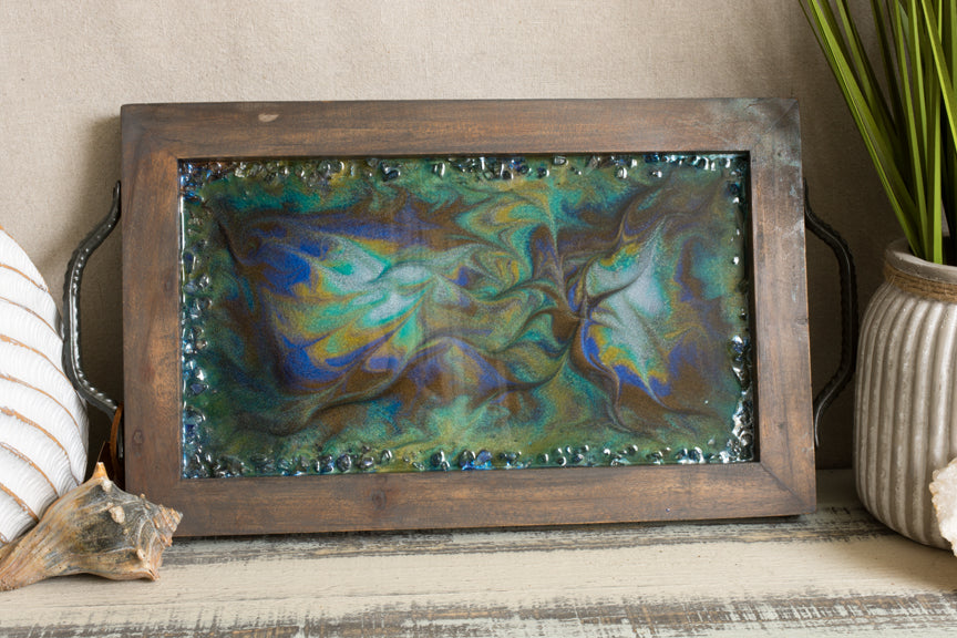 blue and copper serving tray