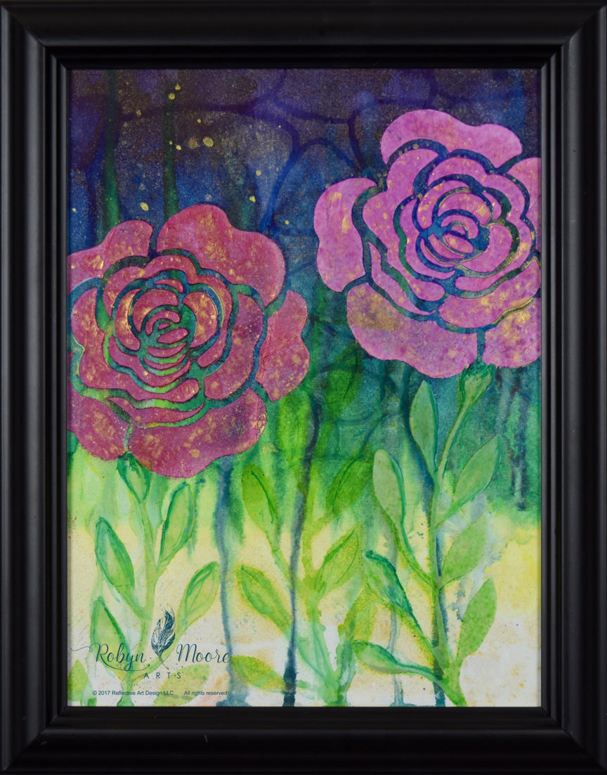 watercolor ink painting of textured roses on vibrant background with flower imprint