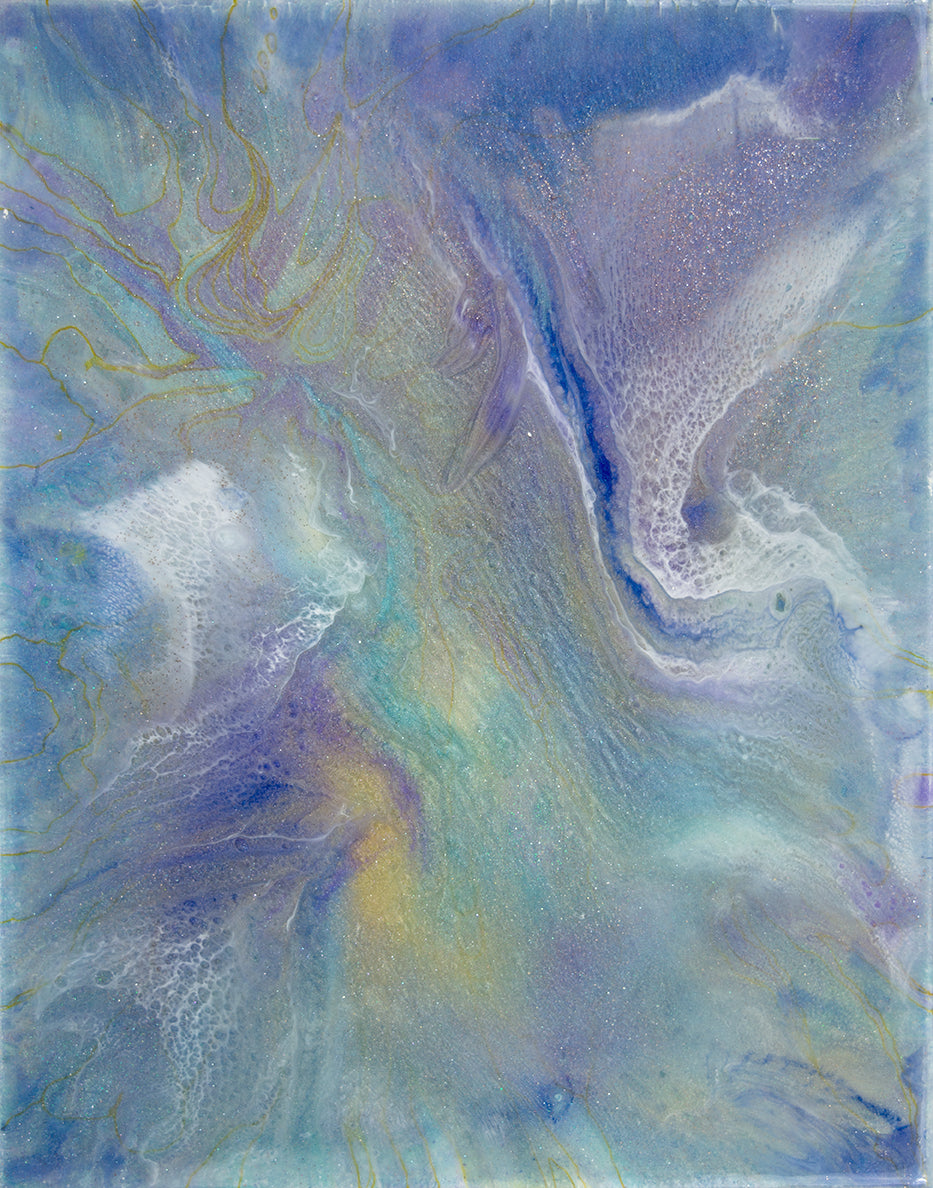 abstract resin painting with texture and shimmering colors of blue white lavender