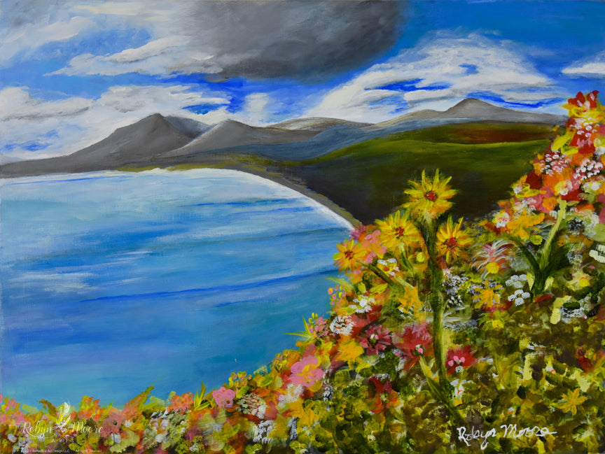 lake view acrylic painting wildflowers clouds and mountains