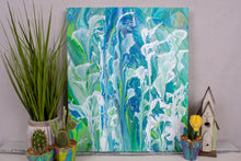 abstract fluid acrylic painting vibrant blue teal green colors with white flowers