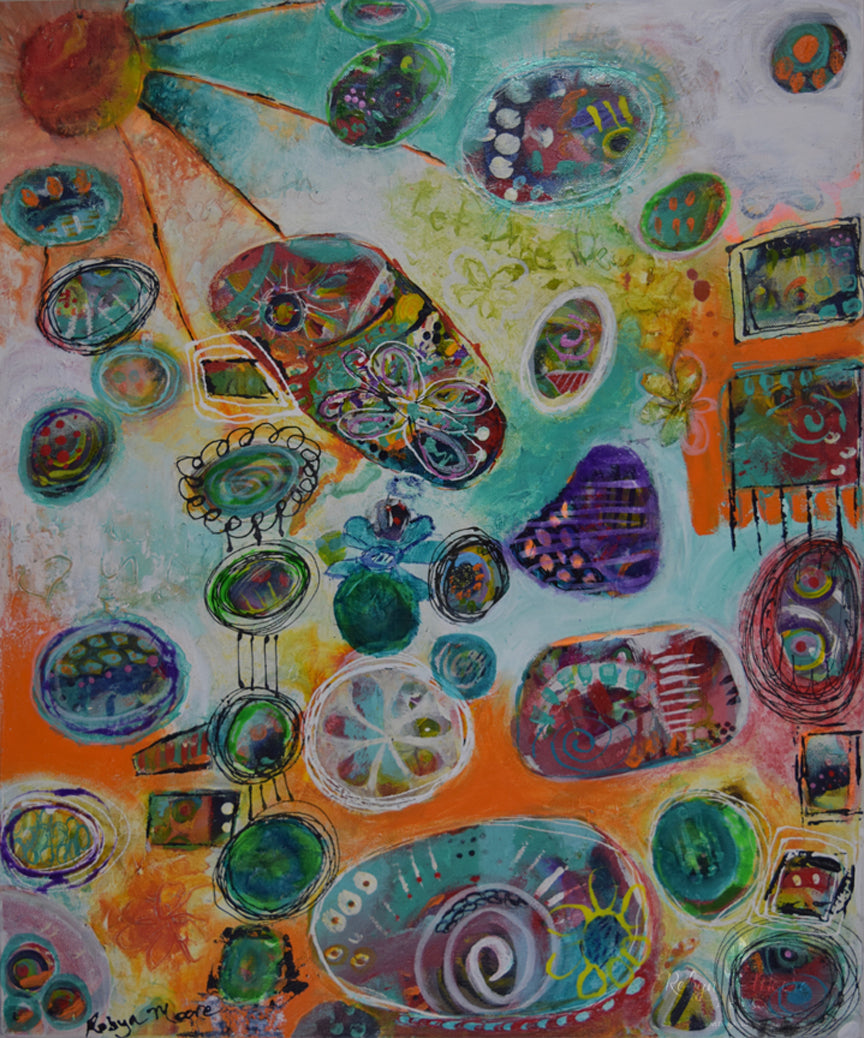 colorful abstract acrylic and ink painting with under layers peeking through the organic shapes and texture elements