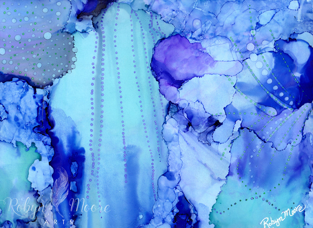 alcohol ink deep under sea cavern turquoise blue waters with bubbles