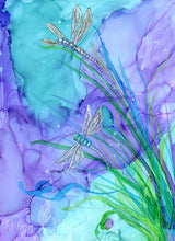 abstract alcohol ink dragonflies on pond wispy grass